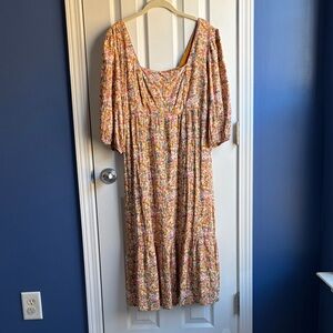 SO Cabin Fever Mustard Multi Floral Midi Dress Size Large Peasant Cottagecore